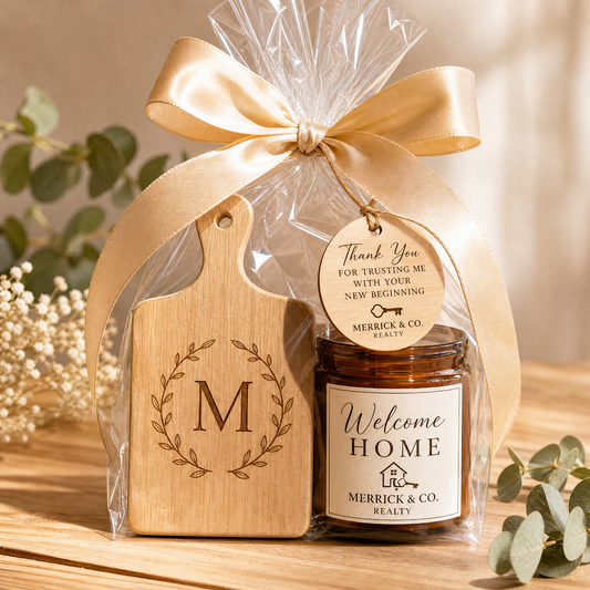 Realtor Closing Gift Set — Engraved Cutting Board, Welcome Home Candle & Custom Ornament